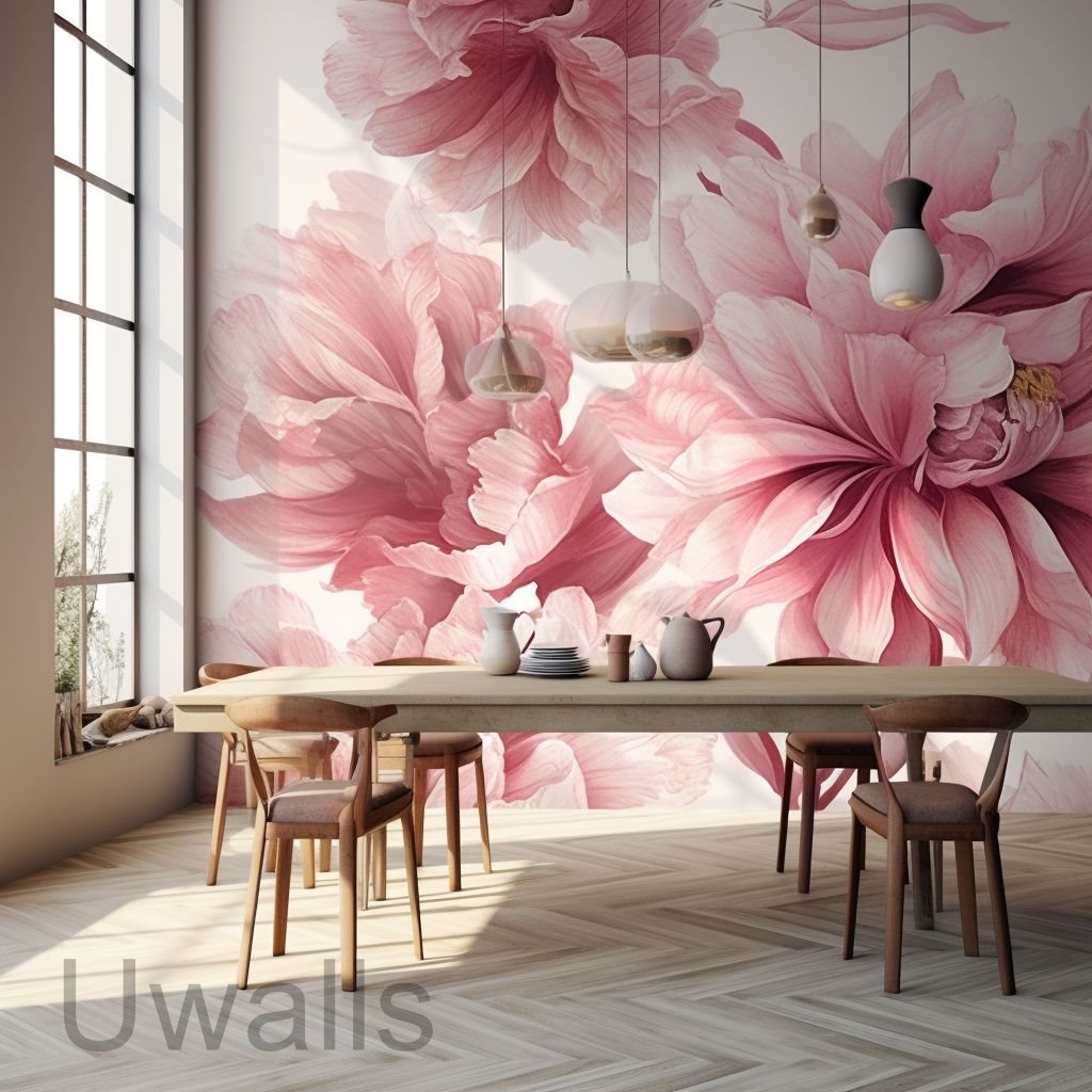 Fototapet cu flori delicate în interiorul sălii de mese